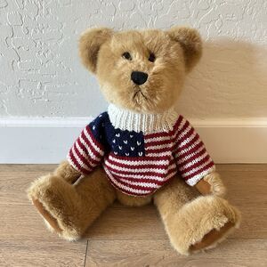 Patriotic Teddy Bear Plush With American Flag Knit Sweater Sitting 14”
